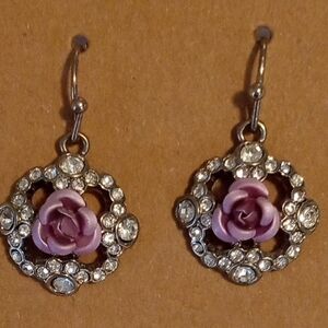 Elegant Crystal and Purple Rose Earrings